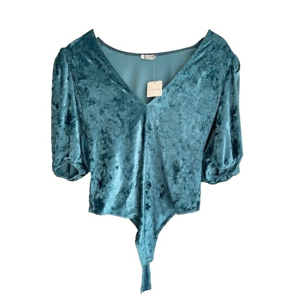 Intimately Free People Women's Teal Bodysuit Velvet Puff Sleeve Deep V-Neck M